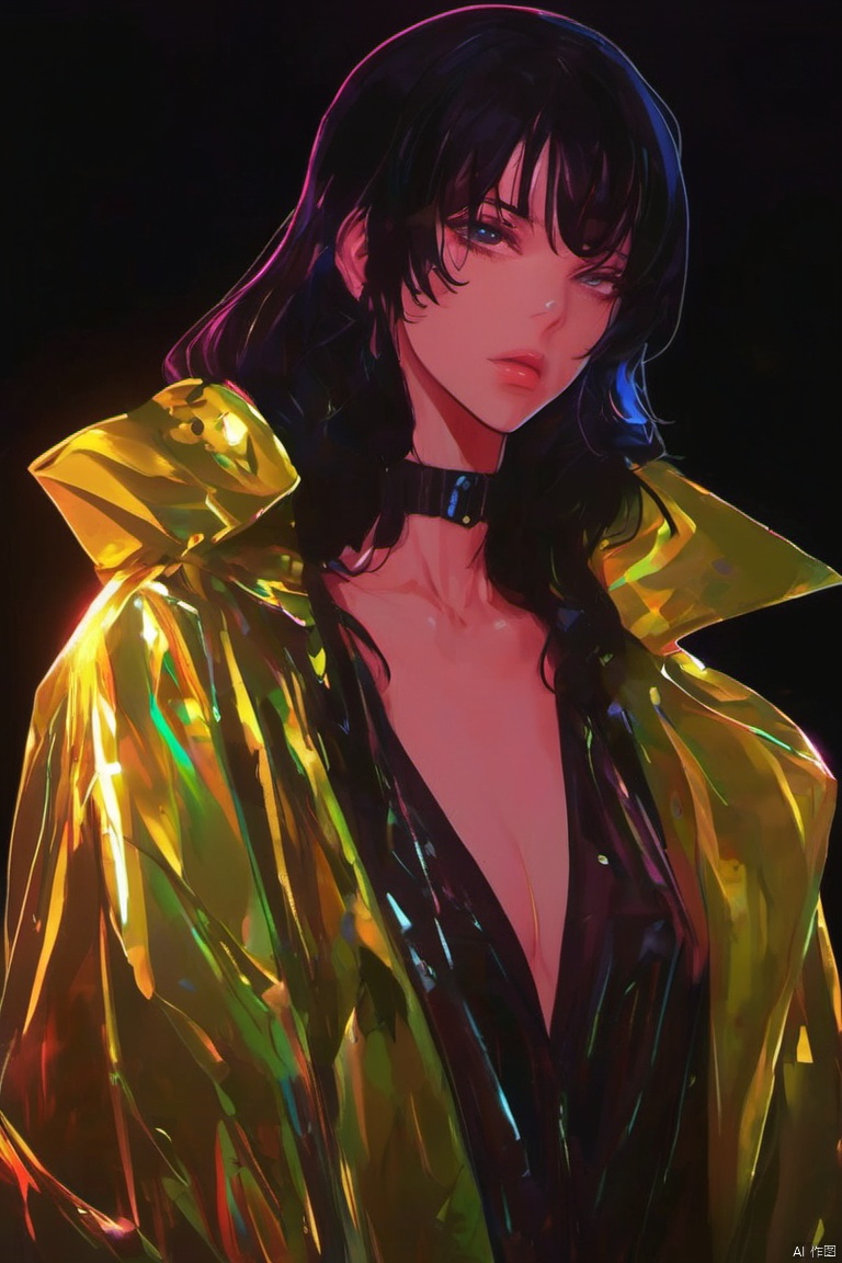 Beautiful, Beauty, Transparent Raincoat, Deep V, Movie Lights, Anime Character, Black Hair, Light Effects, 2D, Hook Line, Black Background, Collar