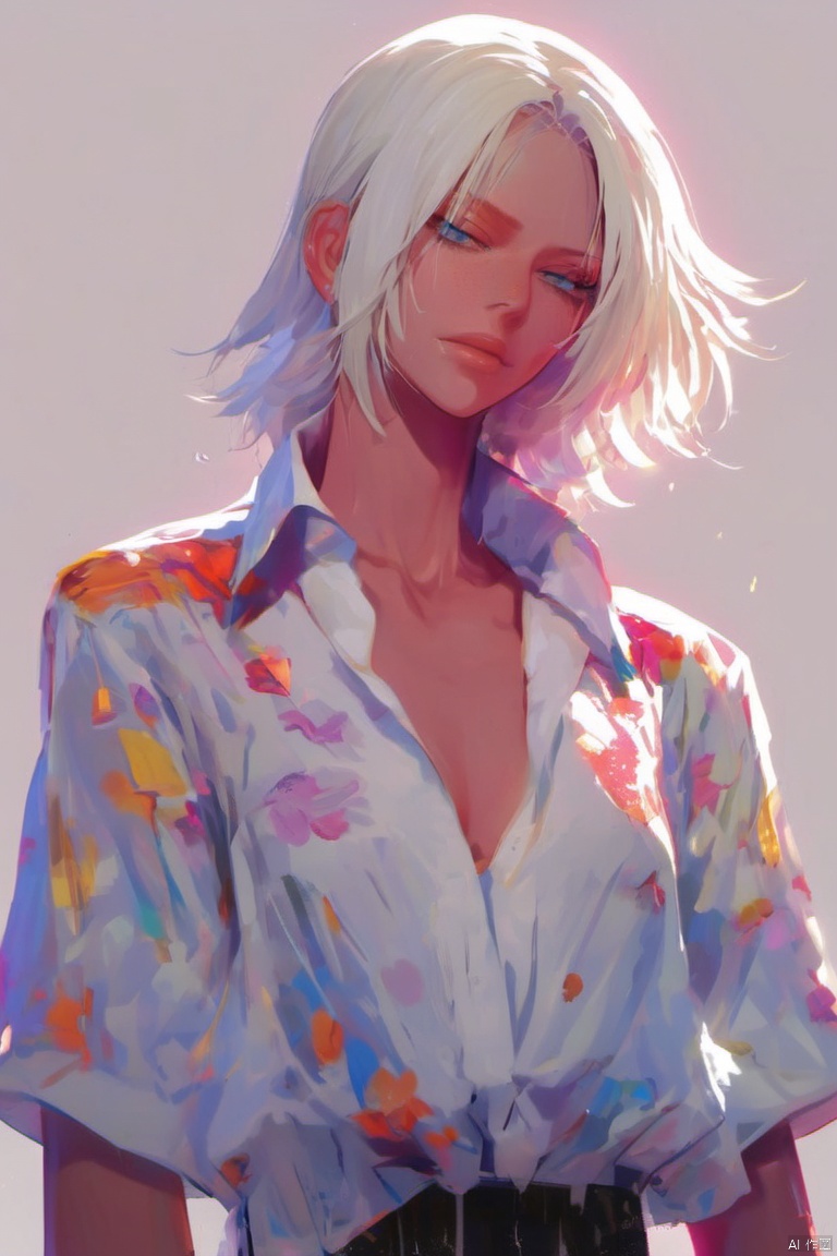 Beautiful Beauty White Shirt Deep V Movie Lighting Anime Character White Hair Lighting Effects 2D Crochet Thread White Background Collar Rain D Cups