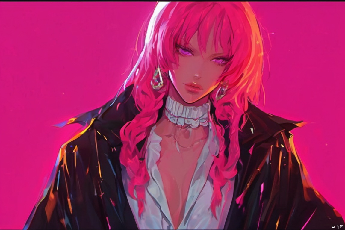  Beautiful Beauty White Raincoat Deep V Movie Lighting Anime Character Pink Hair Back Head Light Effect 2D Crochet Line Black Background Collar Rain D Cup