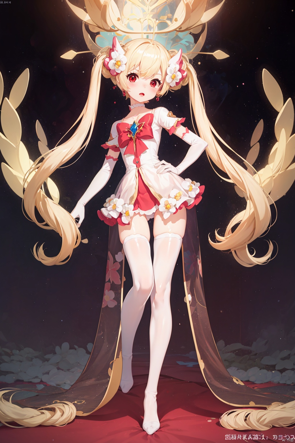 1girl, solo, long hair, looking at viewer, bangs, blonde hair, hair ornament, red eyes, thighhighs, dress, bow, twintails, jewelry, very long hair, closed mouth, underwear, standing, collarbone, panties, full body, flower, earrings, detached sleeves, wings, choker, hair flower, white dress, white panties, white thighhighs, sleeves past wrists, copyright name, ass visible through thighs, halo, no shoes, white flower, white wings