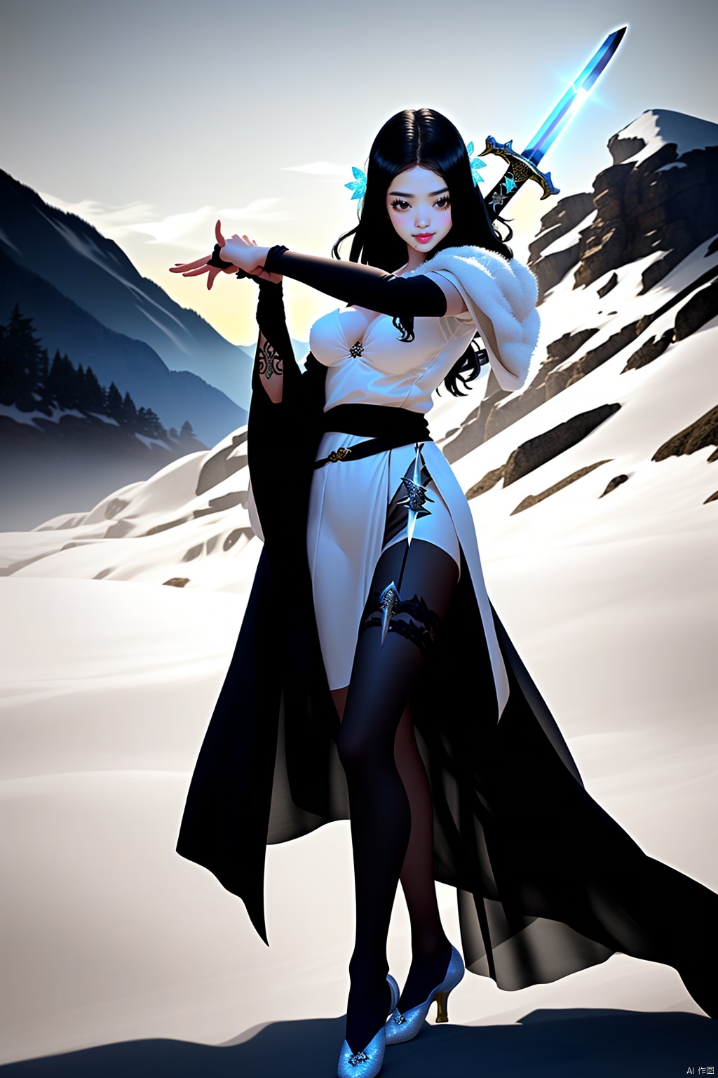 1girl,
(Surrounded by beautiful mountains) ,
A beautiful and gentle fairy sister holding The hilt of a long sword ,The right hand holds the sword hilt, the hand and arm are naturally bent, and the fingers are in the shape of sword fingers.,her have long black hair, white gauze,  White, dewy, smooth breasts,white, tender and silky legs.,She was dressed in White gauze coat
,Wearing crystal shoes,  showing  White, tender and silky legs,  a sword linked with exquisite swordsmanship,Dance a lot of beautiful and graceful sword shadow., ((poakl))