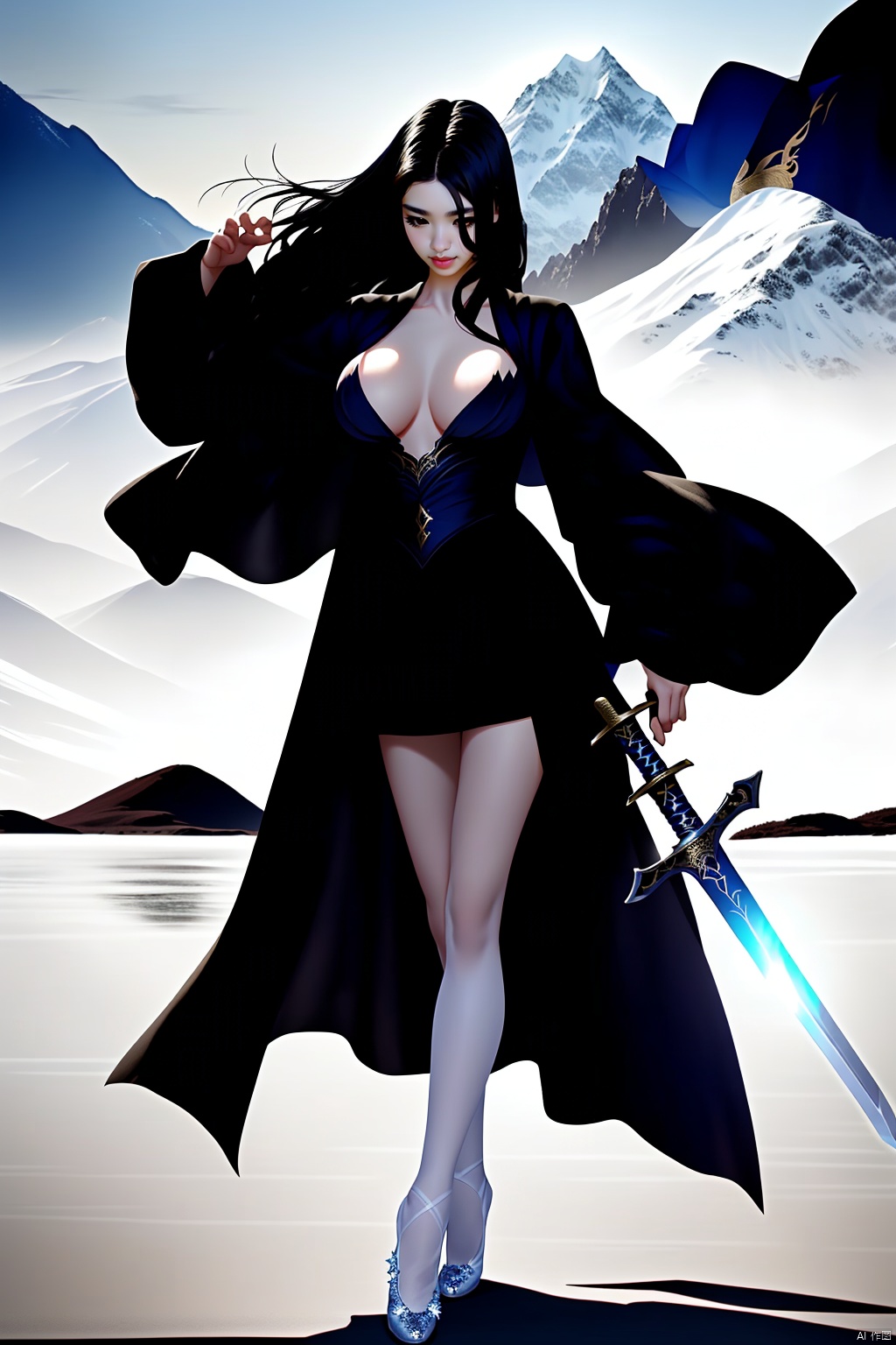 1girl,
(Surrounded by beautiful mountains) ,
A beautiful and gentle fairy sister holding The hilt of a long sword ,The right hand holds the sword hilt, the hand and arm are naturally bent, and the fingers are in the shape of sword fingers.,her have long black hair, white gauze,  White, dewy, smooth breasts,white, tender and silky legs.,She was dressed in White gauze coat
,Wearing crystal shoes,  showing  White, tender and silky legs,  a sword linked with exquisite swordsmanship,Dance a lot of beautiful and graceful sword shadow., ((poakl))
