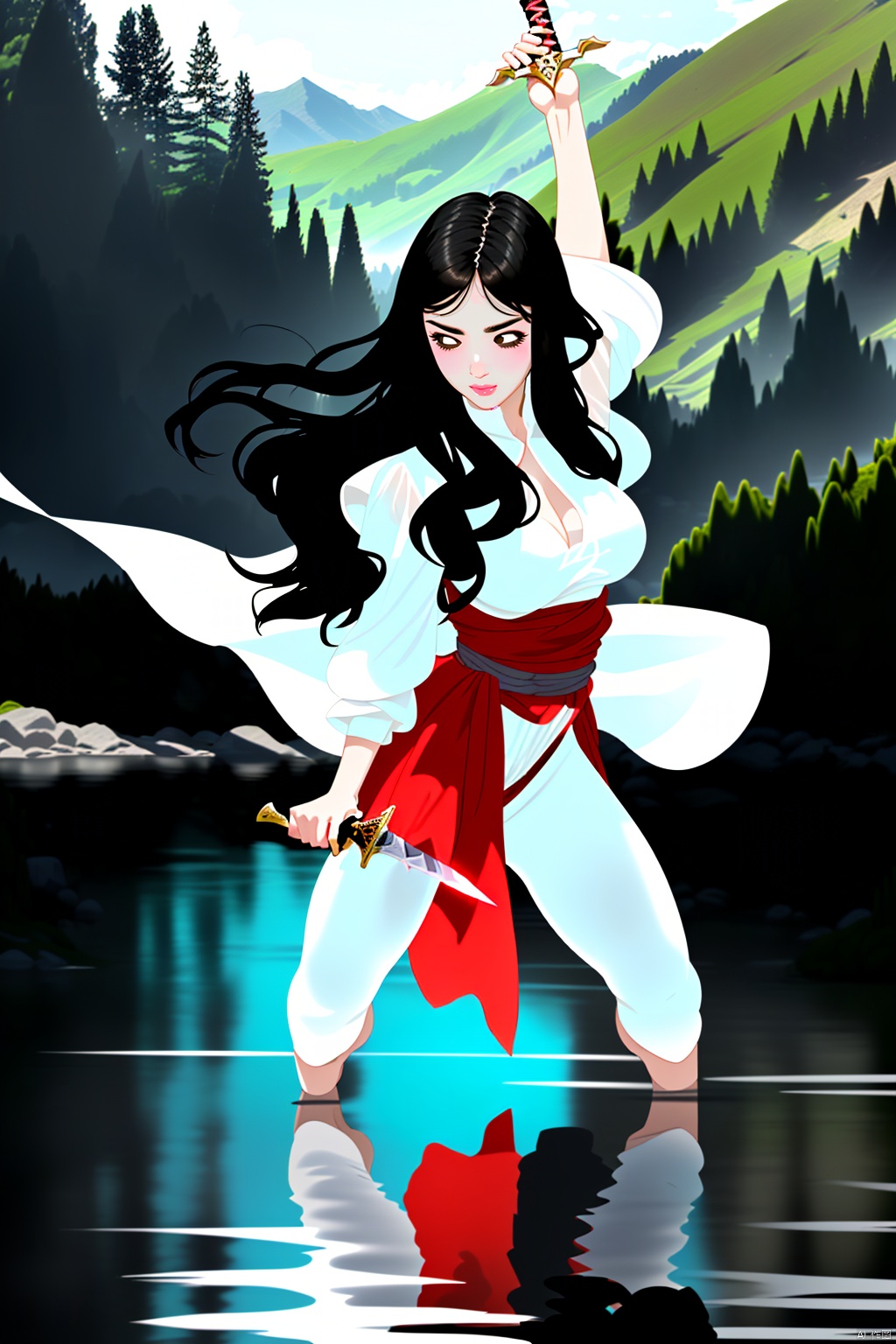 1girl,
(Surrounded by beautiful Green  mountains,Clear Lake Water) ,
A beautiful and gentle fairy sister holding The hilt of a long sword ,The right hand holds the sword hilt, the hand and arm are naturally bent, and the fingers are in the shape of sword fingers.,her have long black hair, white gauze,  White, dewy, smooth breasts,white, tender and silky legs.,She was dressed in white gauze,A white blouse
,Wearing crystal shoes,  showing silky white and tender legs,  a sword linked with exquisite swordsmanship,Dance a lot of beautiful and graceful sword shadow., ((poakl))