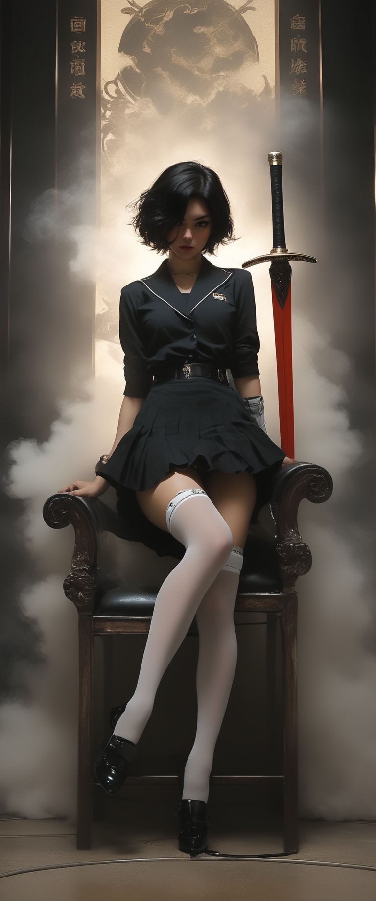 1 woman,  black sailor school uniform,  sitting in a chair holding a sword on Tensor.Art