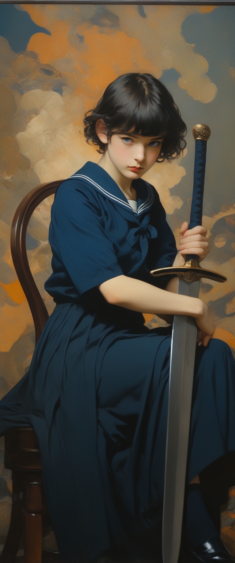 dark blue sailor school uniform,  sitting in a chair holding a sword,  short hair on Tensor.Art