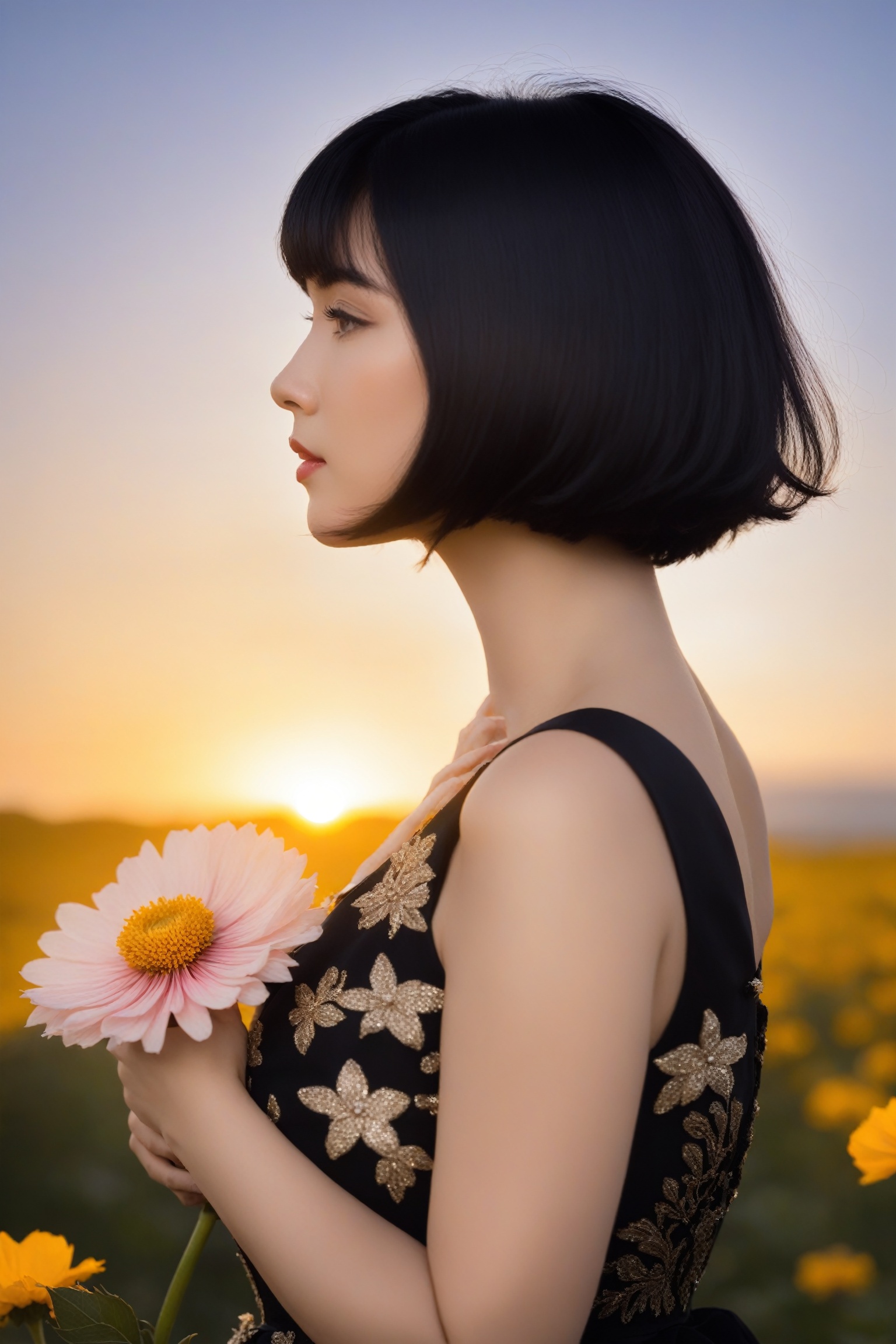 1girl, solo, short hair, black hair, dress, flower, profile, sunset