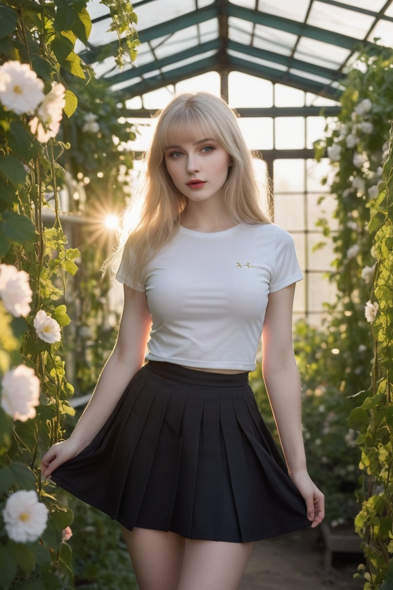 one russian girl, solo, super model, pale skin, light bonde hair, long hair, bangs, prefect face, make up, big tits, hanging breasts, nipples, narrow waist, navel, thighs, T-shirt, pleated skirt, mini skirt, shirtlift, (looking at viewer), an enchanting, overgrown greenhouse filled with tangled vines and blossoming flowers, backlighting, creates a halo effect around characters, giving them a radiant and romantic aura, looking at viewer