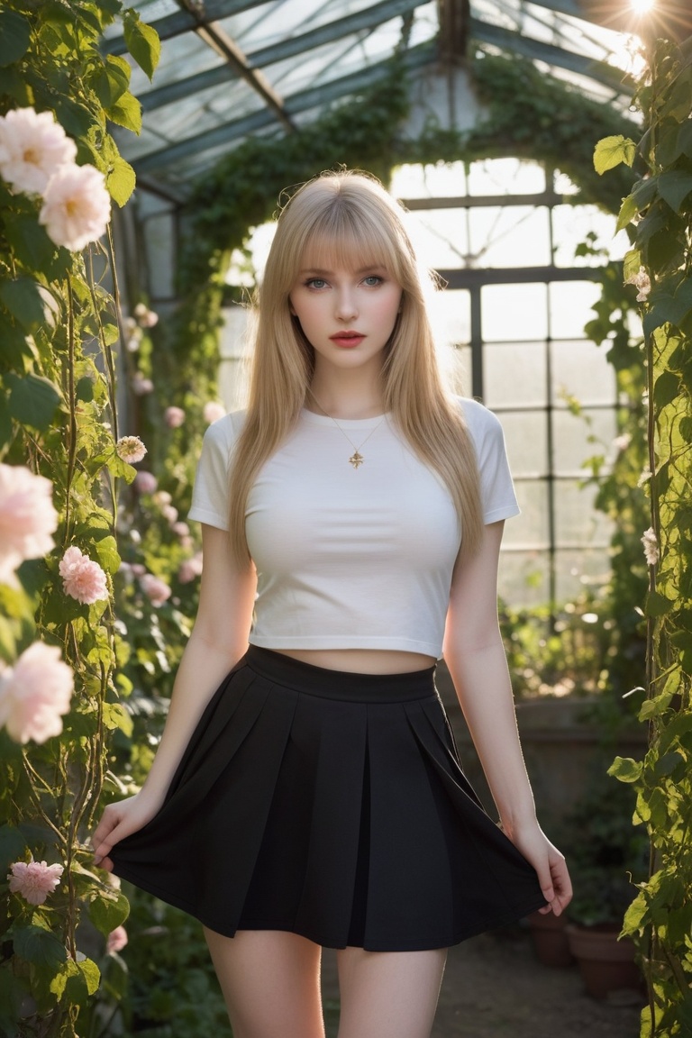 one russian girl, solo, super model, pale skin, light bonde hair, long hair, bangs, prefect face, make up, big tits, hanging breasts, nipples, narrow waist, navel, thighs, T-shirt, pleated skirt, mini skirt, shirtlift, (looking at viewer), an enchanting, overgrown greenhouse filled with tangled vines and blossoming flowers, backlighting, creates a halo effect around characters, giving them a radiant and romantic aura, looking at viewer