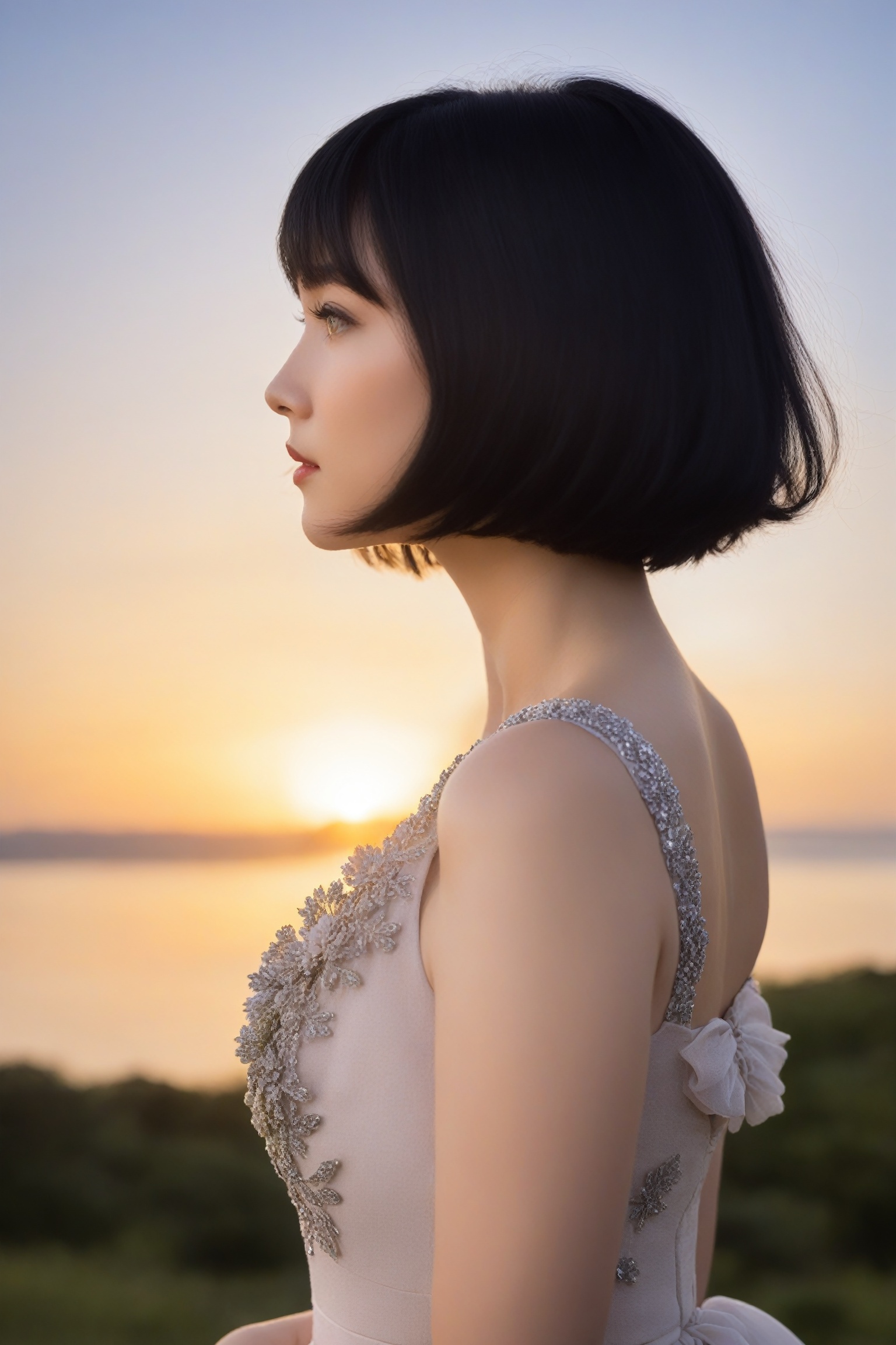 1girl, solo, short hair, black hair, dress, flower, profile, sunset