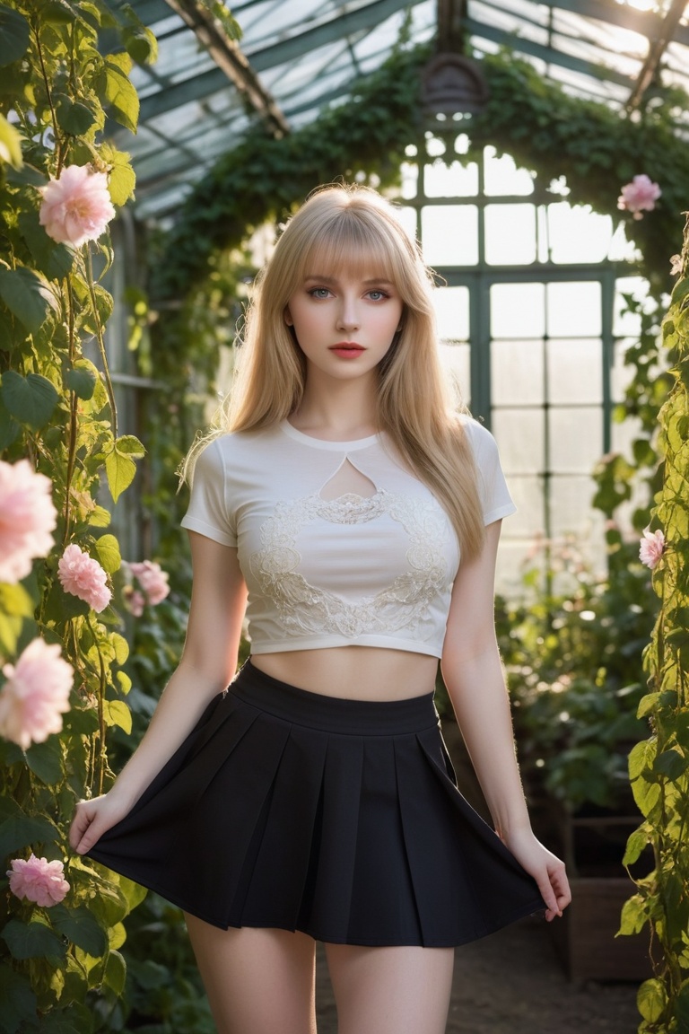 one russian girl, solo, super model, pale skin, light bonde hair, long hair, bangs, prefect face, make up, big tits, hanging breasts, nipples, narrow waist, navel, thighs, T-shirt, pleated skirt, mini skirt, shirtlift, (looking at viewer), an enchanting, overgrown greenhouse filled with tangled vines and blossoming flowers, backlighting, creates a halo effect around characters, giving them a radiant and romantic aura, looking at viewer