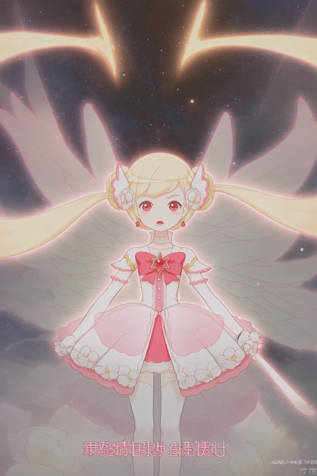 1girl, solo, long hair, looking at viewer, bangs, blonde hair, hair ornament, red eyes, thighhighs, dress, bow, twintails, jewelry, very long hair, closed mouth, underwear, standing, collarbone, panties, full body, flower, earrings, detached sleeves, wings, choker, hair flower, white dress, white panties, white thighhighs, sleeves past wrists, copyright name, ass visible through thighs, halo, no shoes, white flower, white wings