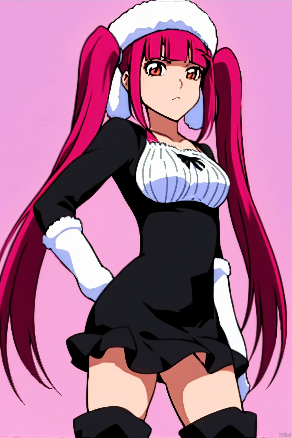  1girl,bangs,blunt bangs,twintails,boots,dress,gloves,hand on hip,hat,long hair,pink hair,simplebackground,solo,standing,thigh boots,thighhighs,white background