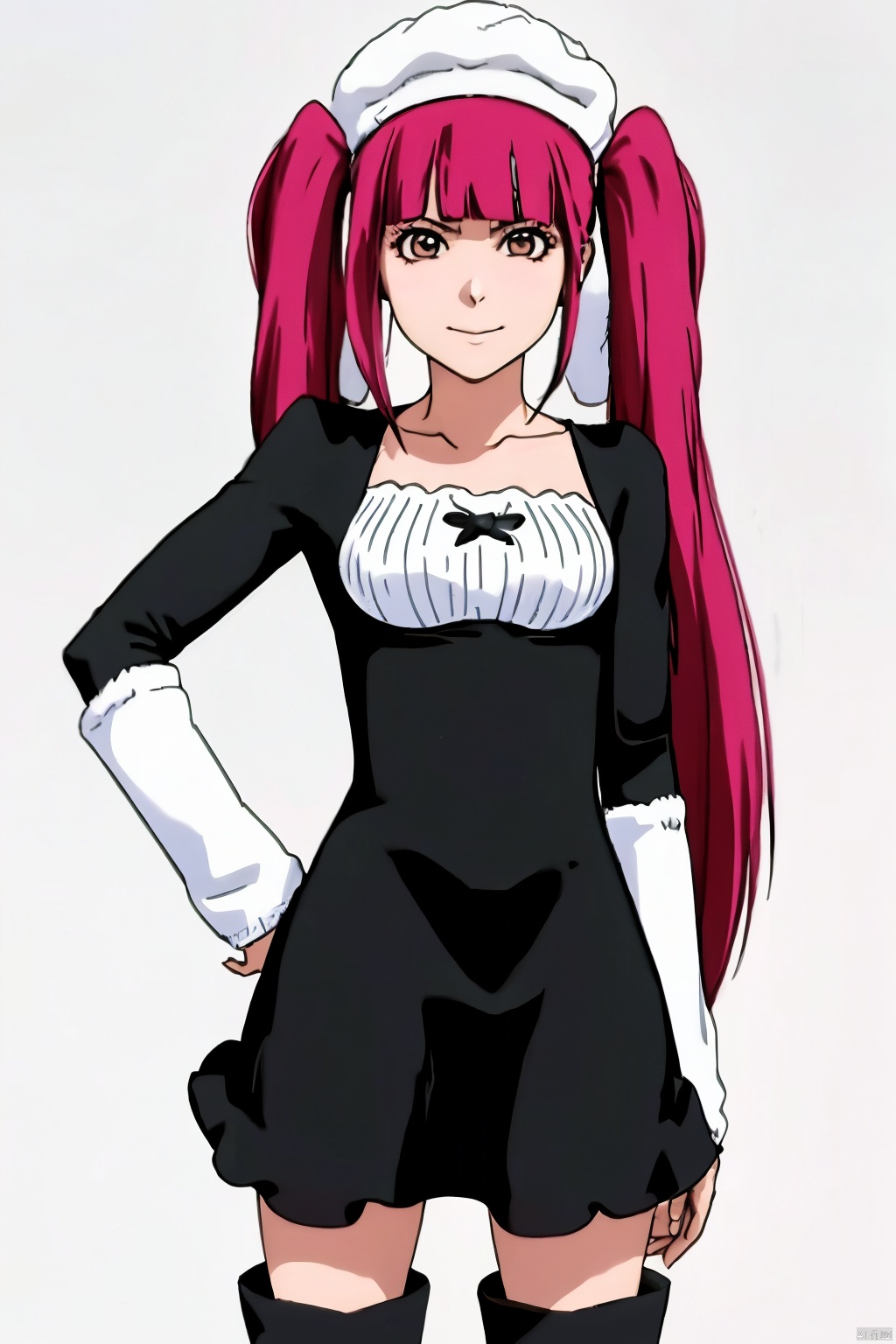 Cowboy_shot,1girl,bangs,blunt bangs,twintails,black dress,collarbone,frown,hat,long hair,light smile, long fall boots,looking at viewer,portrait,pink hair,