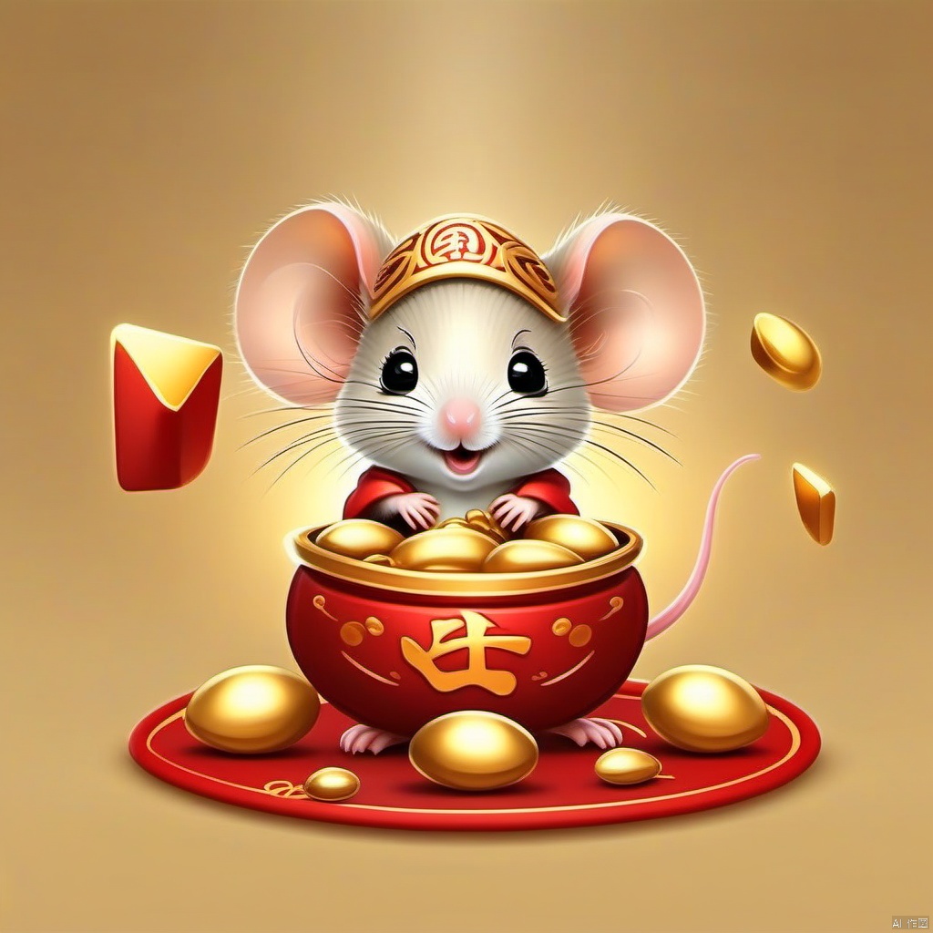 Cartoon version, cute beckoning mouse, zodiac, background blur, gold ingots,red