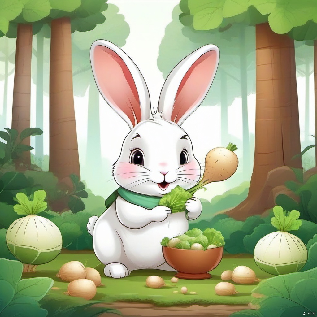 A rabbit eating turnips in the forest
