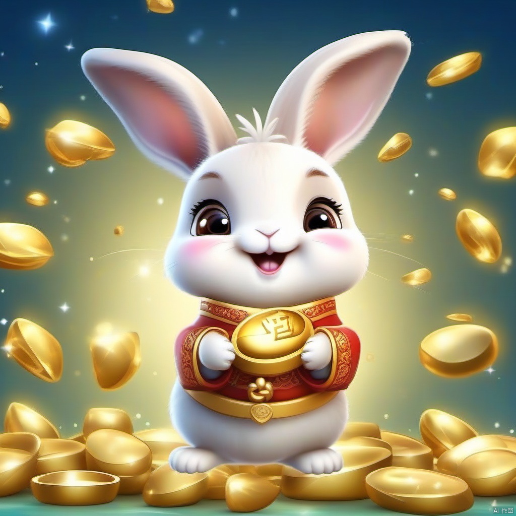 Cartoon version, cute beckoning rabbit, zodiac, background blur, gold ingots, festive