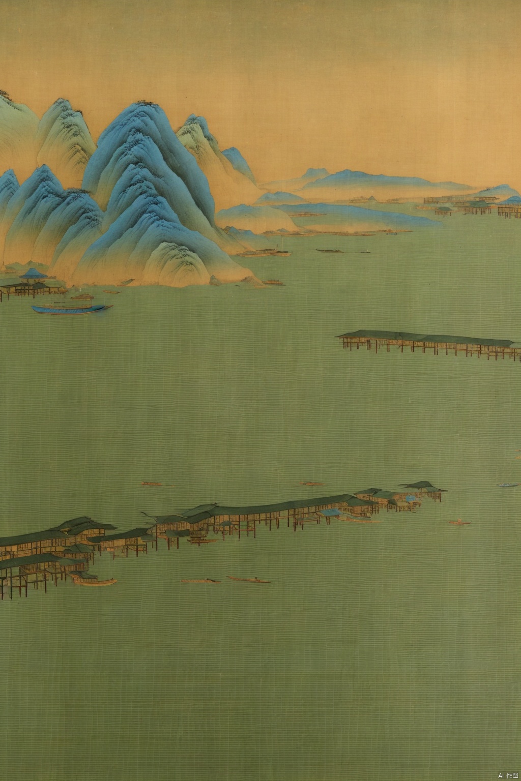 Chinese landscape painting,
ancient Chinese architecture,
mountains and rivers,
river,
plant,
Sky,
ancient wooden boat,
Thousands of Miles of Rivers and Mountains,
bridge