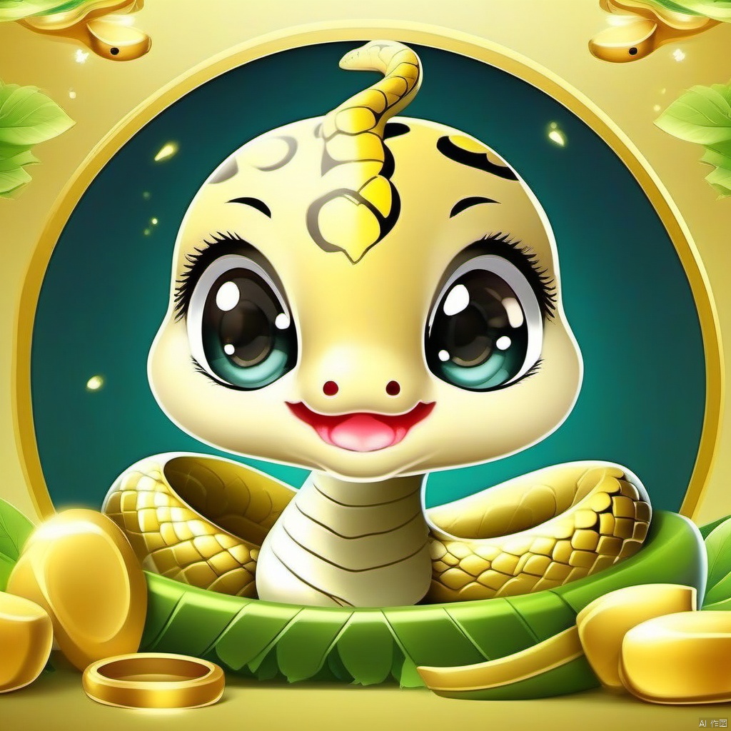 Cartoon version, cute beckoning snake, zodiac, background blur, gold ingots, festive, snake