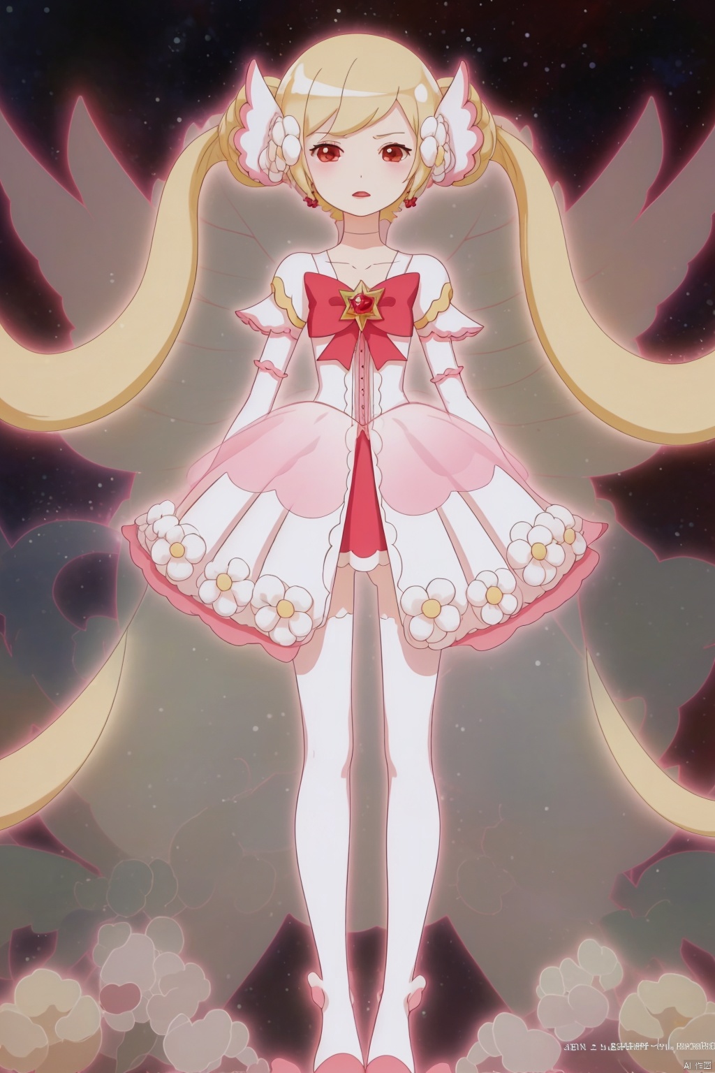 1girl, solo, long hair, looking at viewer, bangs, blonde hair, hair ornament, red eyes, thighhighs, dress, bow, twintails, jewelry, very long hair, closed mouth, underwear, standing, collarbone, panties, full body, flower, earrings, detached sleeves, wings, choker, hair flower, white dress, white panties, white thighhighs, sleeves past wrists, copyright name, ass visible through thighs, halo, no shoes, white flower, white wings