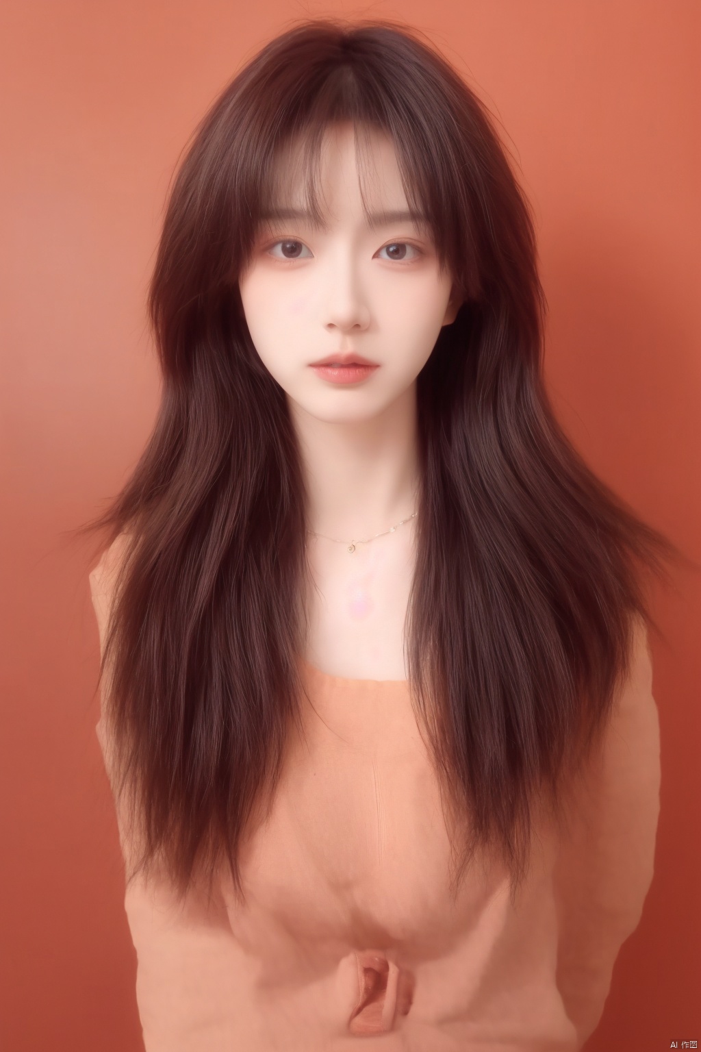  1girl, 1080P , standing, (portrait:1.2) , necklace, slender figure, lips, long hair, red background , shadow,moyou