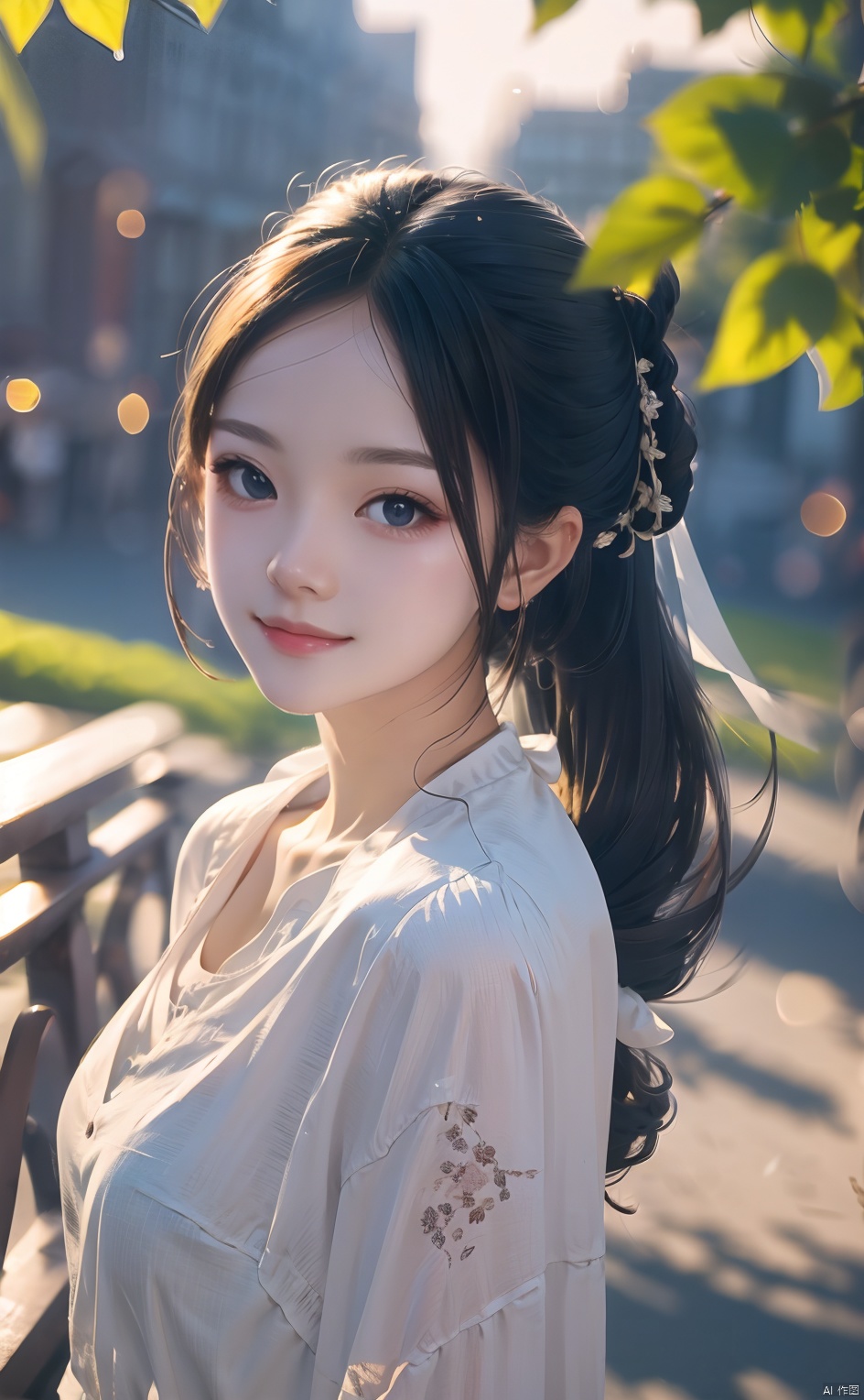 masterpiece,8k,best quality,1girl,solo,((depth of field)),bowknot,long hair,light,room,white ribbon,outdoors
