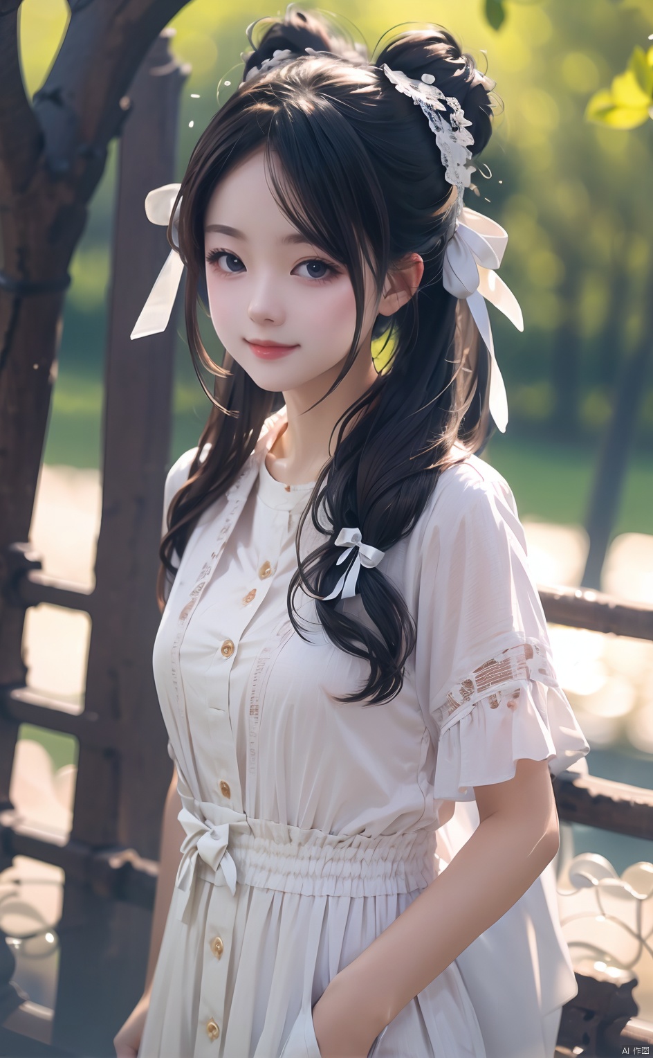 masterpiece,8k,best quality,1girl,solo,((depth of field)),bowknot,long hair,light,room,white ribbon,outdoors