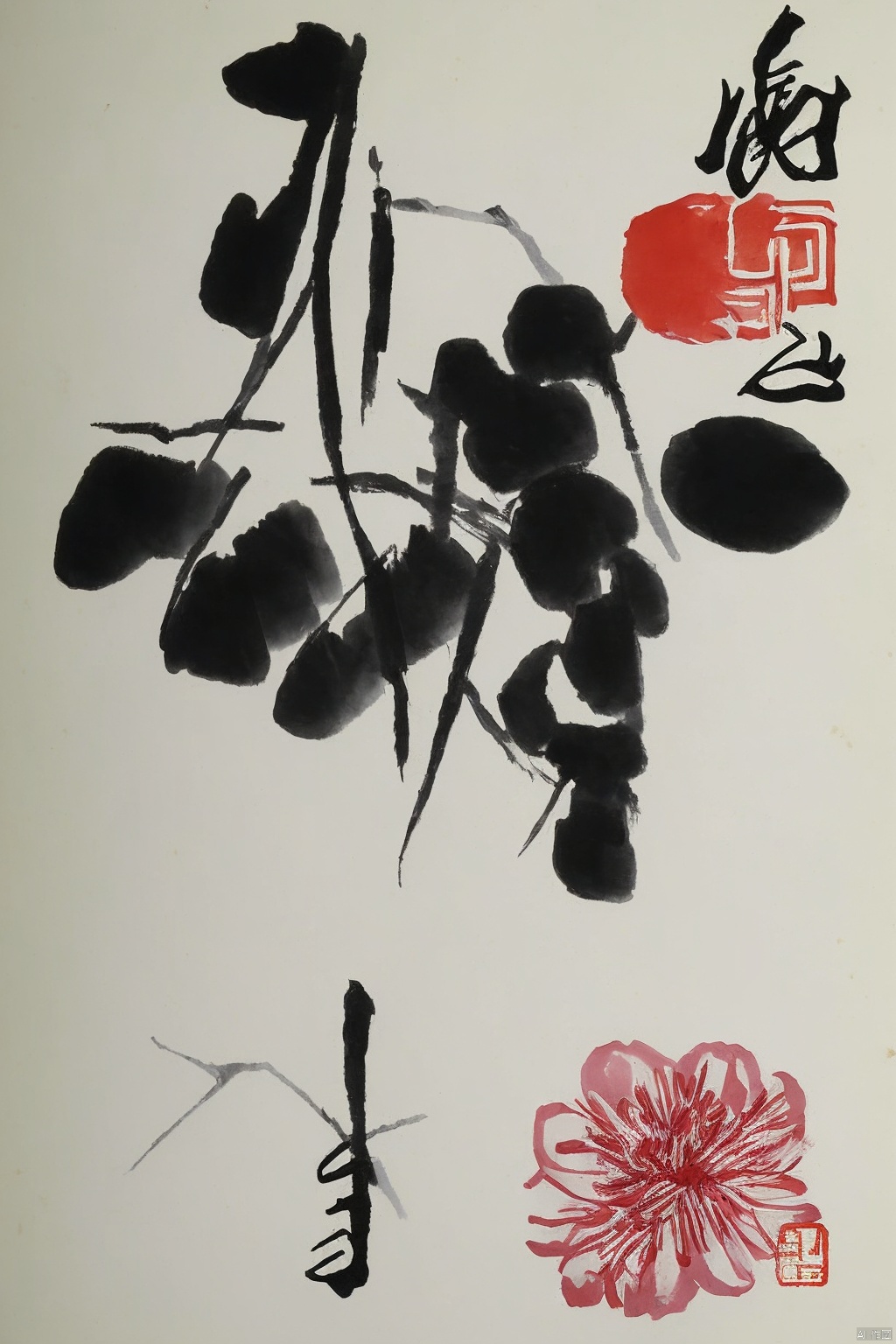 Chinese ink painting, Qi Baishi style, flowers, animals