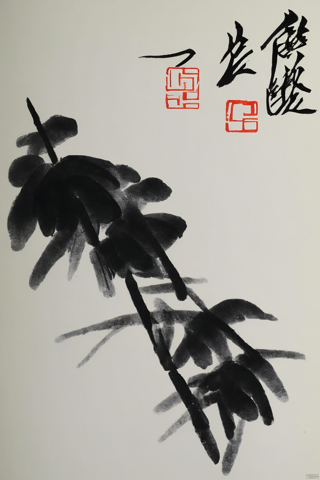 no humans,branch,two birds,chinese text,tree,animal focus,animal,monochrome,traditional media,the art of chinese calligraphy,orchid,brush strokes,traditional art,white background,asian culture,artistic seal,minimalistic,black and white,calligraphy,flora,paper texture,vertical composition,Chinese text,ink wash painting,traditional chinese painting, chinese Landscape painting