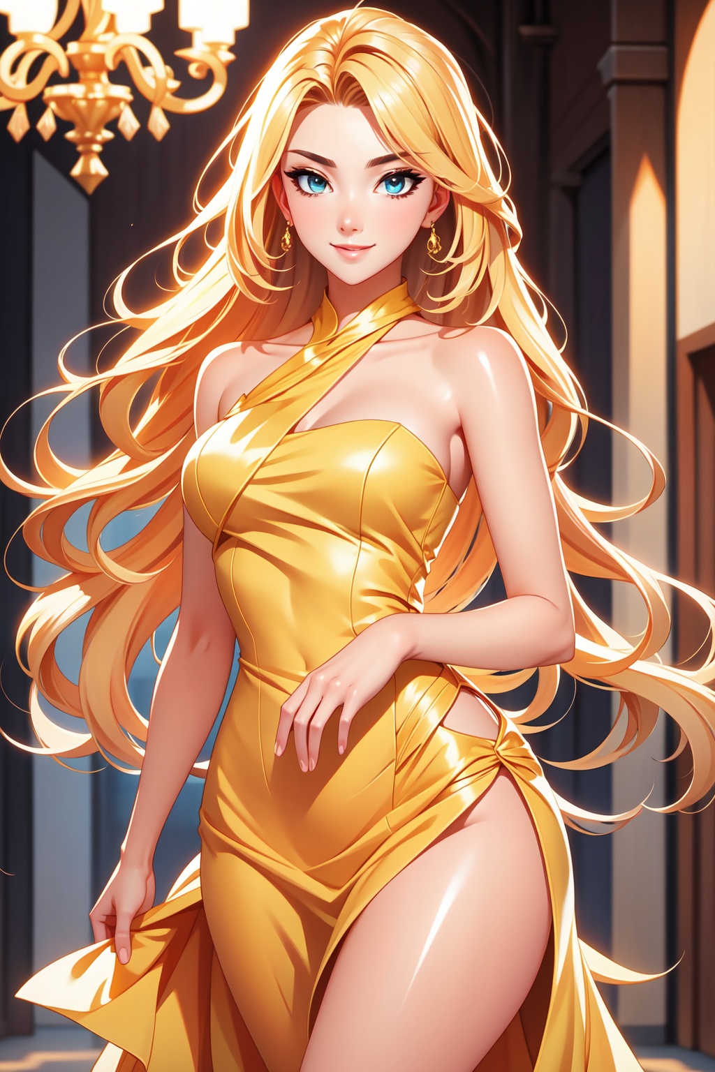 Pretty and beautiful woman. She wears a very expensive golden strapple dress. She is a very badass. Hyperdetailing masterp...