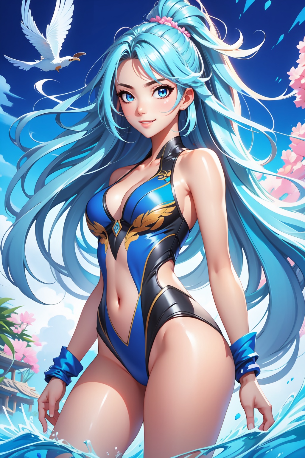 Pretty and beautiful girl. She wears a very fancy two-piece suimsuit. She is a very badass. Hyperdetailing masterpiece,  h...