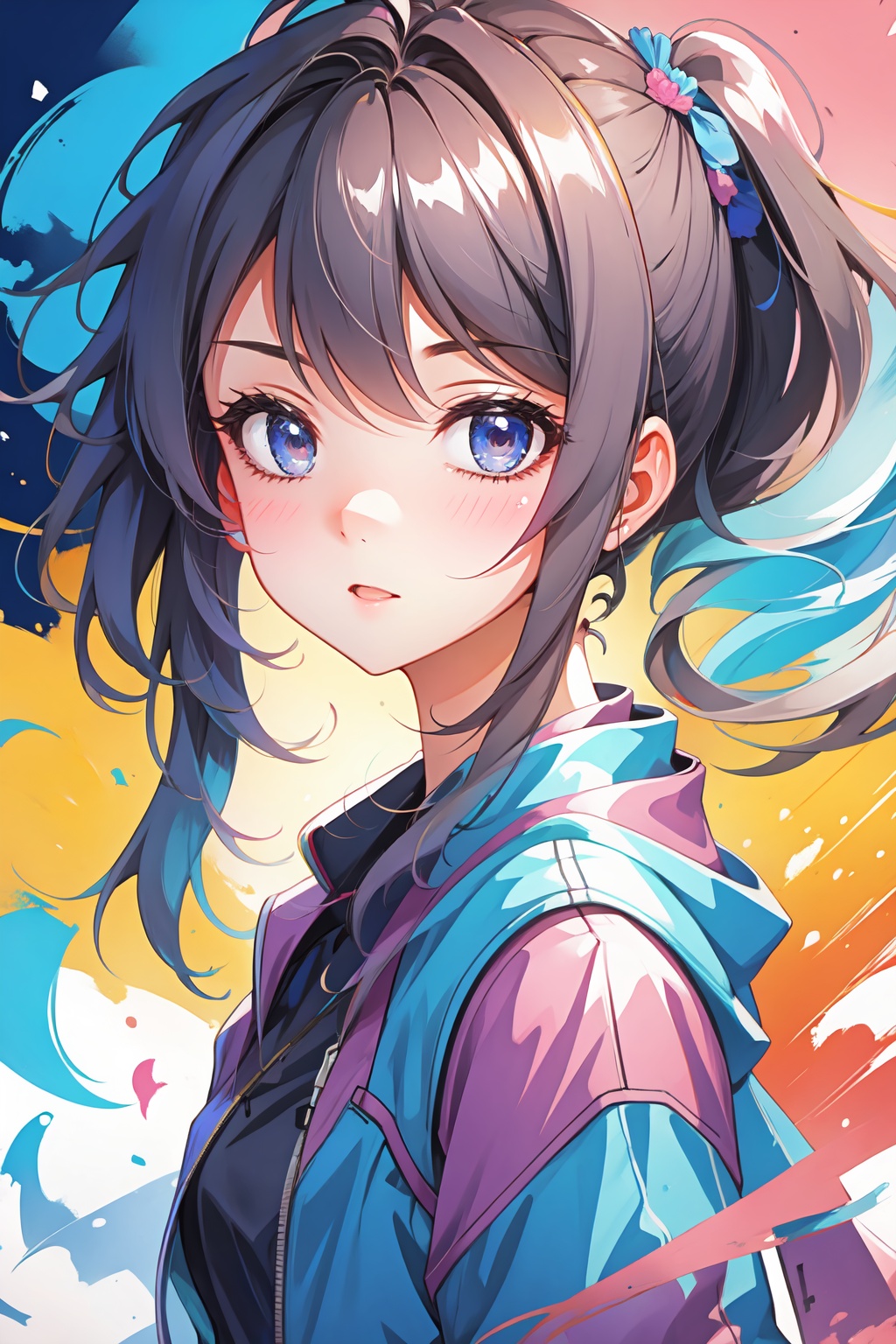 Cute girl,  Colors,  masterpiece. Bursh strokes in background. on Tensor.Art
