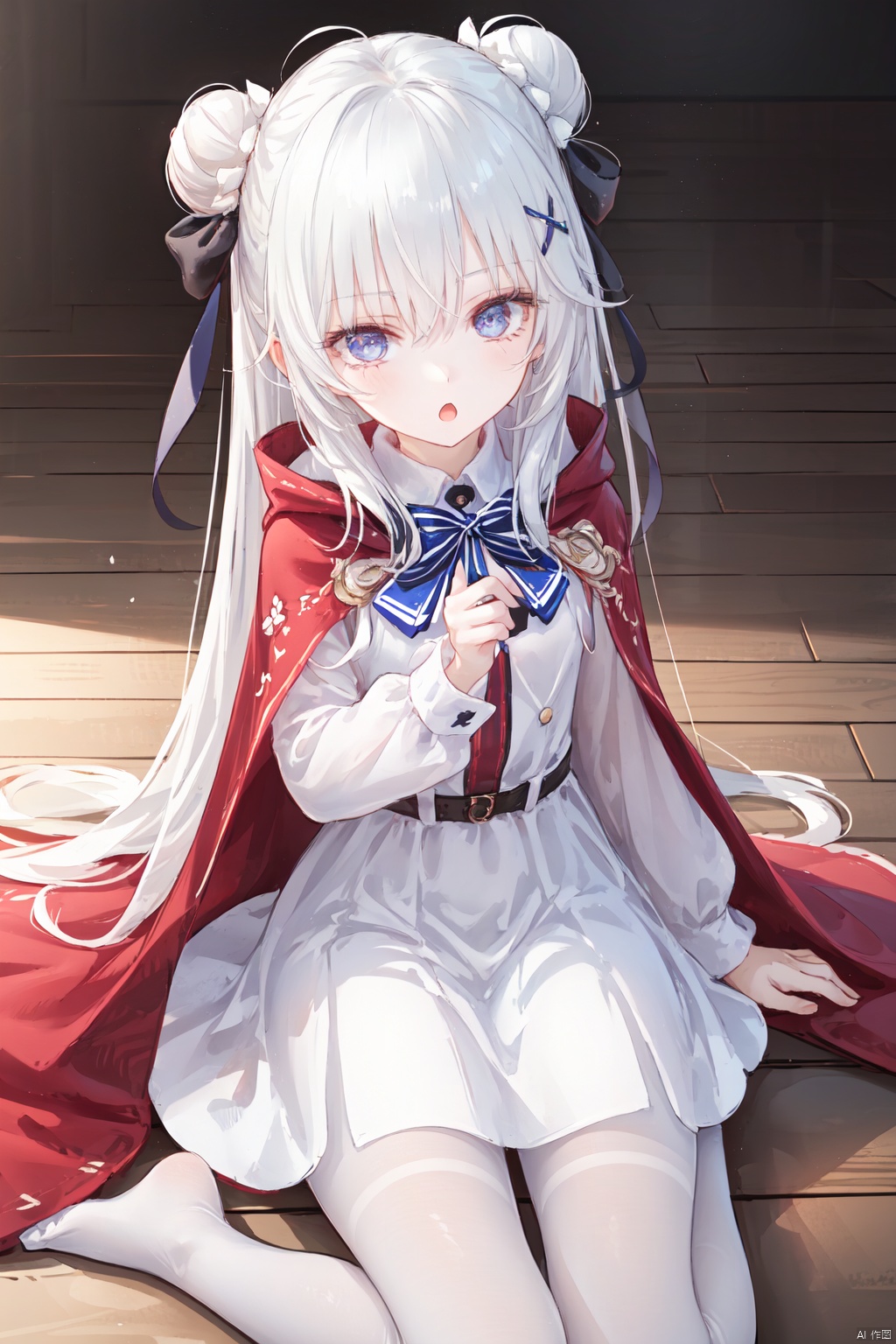  1girl,solo,(masterpiece:1.3),( beautiful:1.2),(high quality:1.2),(finely detailed:1.2),extremely detailed CG unity 8k wallpaper,best quality,a very delicate and beautiful,perfect fingers,(one cute girl at the center:1.2),
long hair, bangs, blue eyes, long sleeves, dress, bow, hair between eyes, very long hair, white hair, pantyhose, sidelocks, hair bun, cape, white cage, ((white dress)), double bun, ((white pantyhose)), thighband pantyhose, + +, pleated dress, le malin\(azurlane\),
looking_at_viewer, blush, open_mouth, shy, sitting, :o, 
 lemalinAL