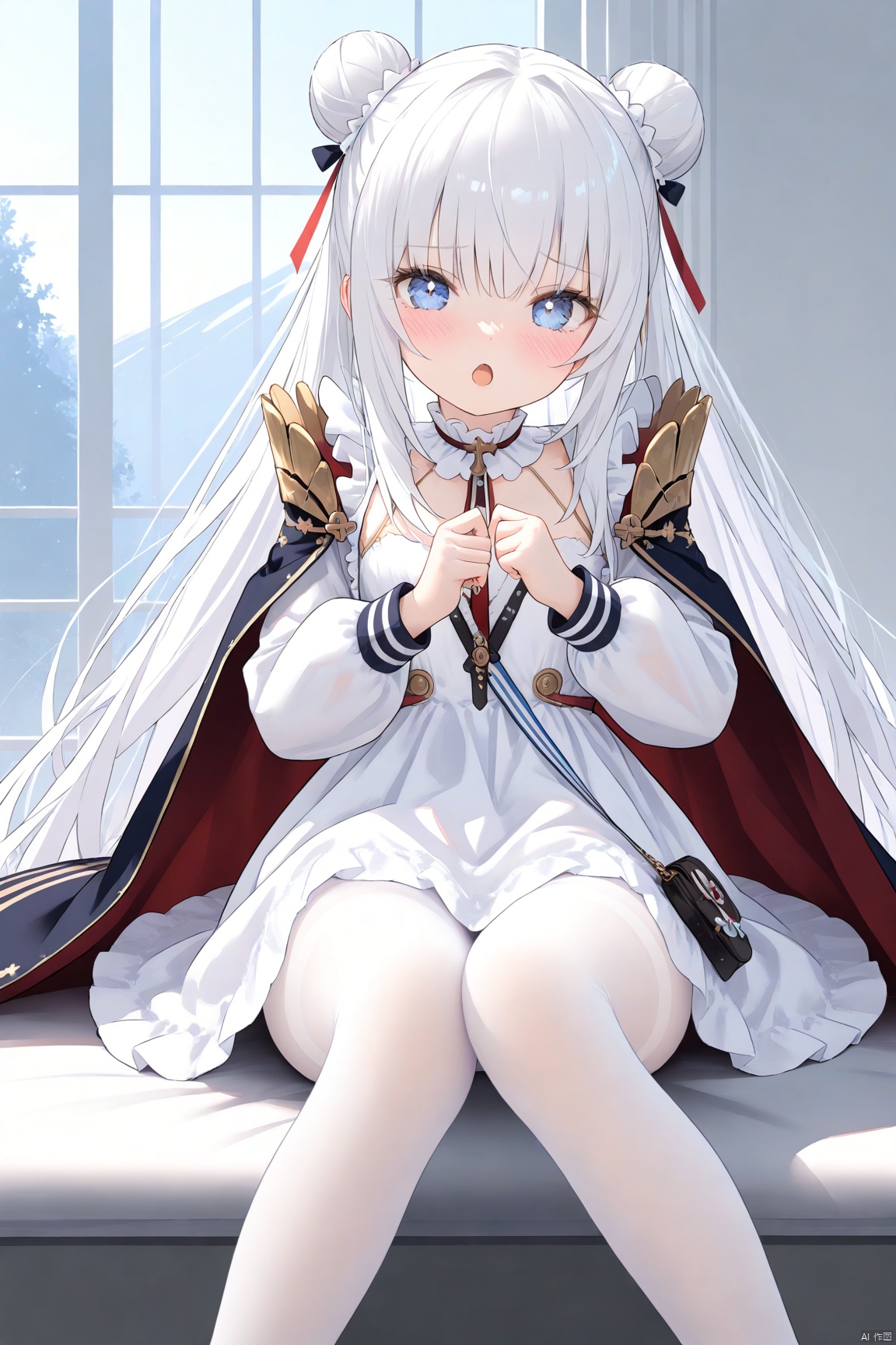  1girl,solo,(masterpiece:1.3),( beautiful:1.2),(high quality:1.2),(finely detailed:1.2),extremely detailed CG unity 8k wallpaper,best quality,a very delicate and beautiful,perfect fingers,(one cute girl at the center:1.2),
long hair, bangs, blue eyes, long sleeves, dress, bow, hair between eyes, very long hair, white hair, pantyhose, sidelocks, hair bun, cape, ((white dress)), double bun, ((white pantyhose)), thighband pantyhose, + +, pleated dress, le malin\(azurlane\),
looking_at_viewer, blush, open_mouth, shy, sitting, :o, 
 lemalinAL,lemalinSwimsuit