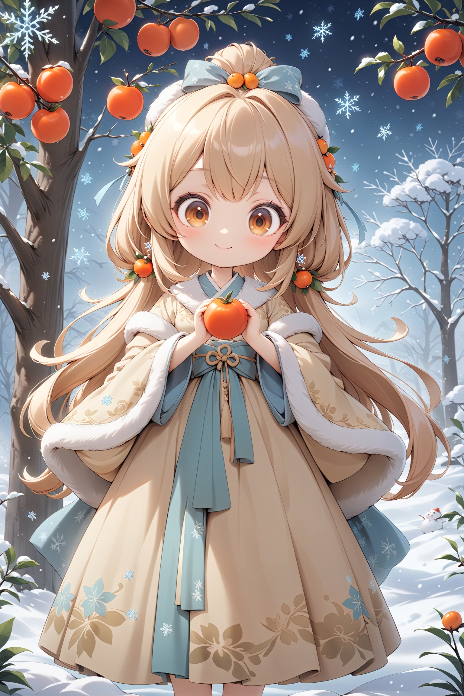  breathtaking An adorable version of an ancient-style Hanfu beauty, wearing a fur cloak, exuding a lovely atmosphere. She has a cute round face, and her big eyes shine brightly. Standing next to a persimmon tree in winter, adorned with ripe persimmons and snowflakes falling, she smiles happily, radiating energy and cuteness . award-winning, professional, highly detailed