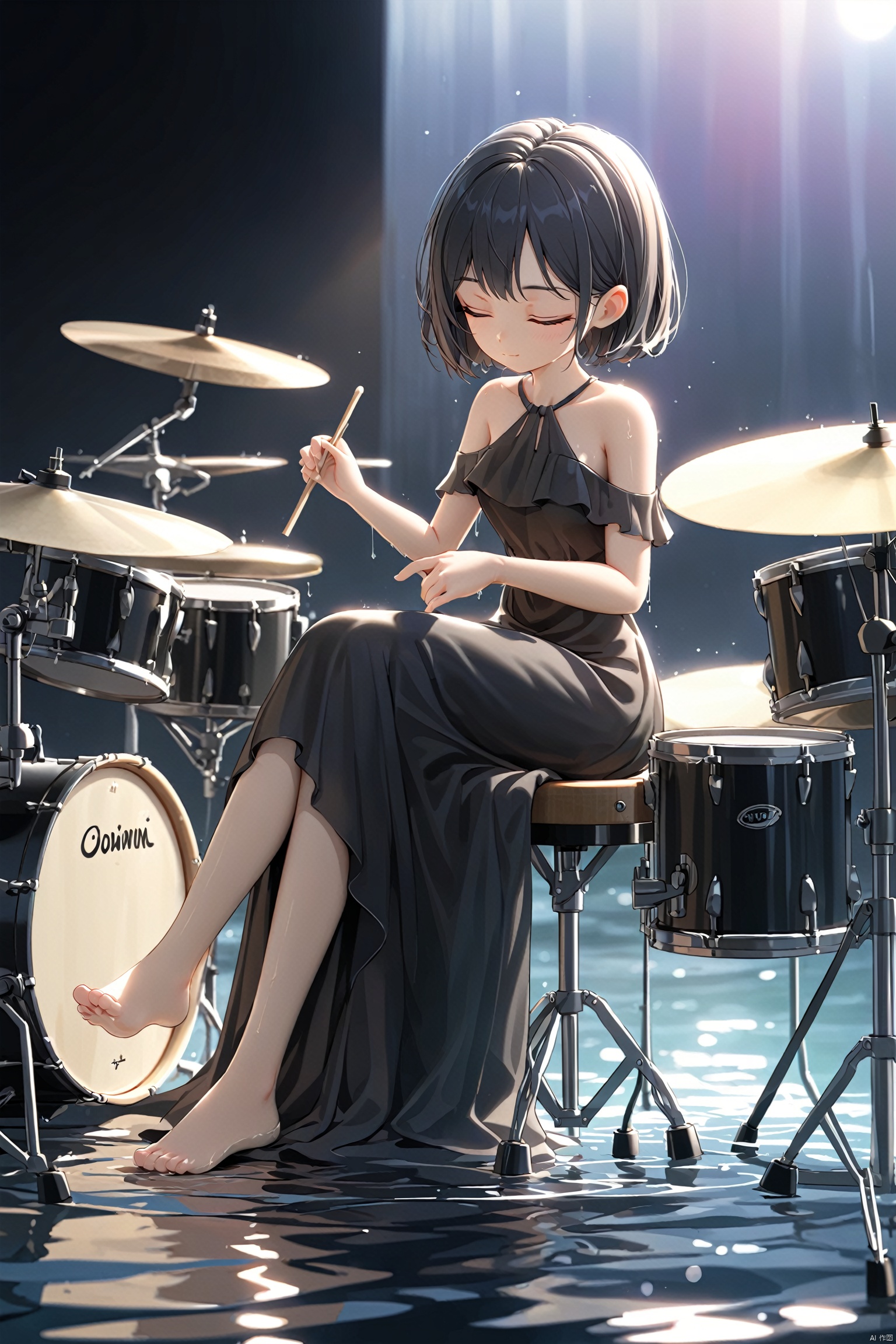  breathtaking girl, solo, short hair, black hair, dress, bare shoulders, sitting, closed eyes, barefoot, water, black dress, drum set, backlight, colors . award-winning, professional, highly detailed