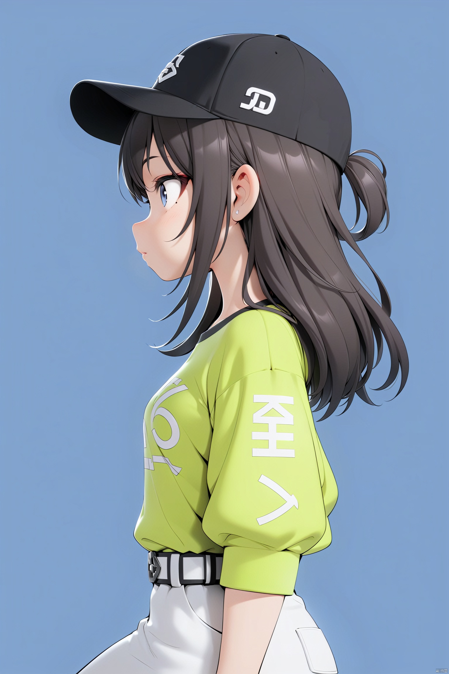  professional 3d model ((Asian girl with the word 'sheeny' on her baseball cap)), (profile), from the Side below, black hair, long hair, green shirt, Blue background, simple background, lineart, partially colored, (chibi), Extreme, . octane render, highly detailed, volumetric, dramatic lighting