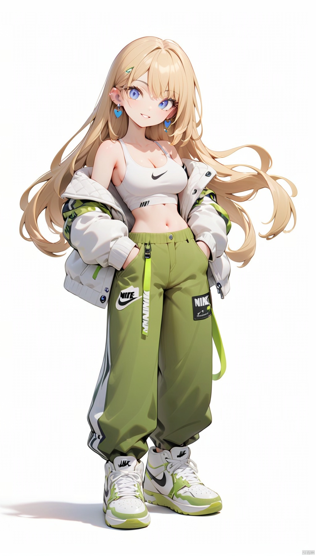  (best quality), ((masterpiece)), (highres), illustration, original, extremely detailed . ooo, 1girl, solo, long hair, breasts, white background, full body, simple background, blonde hair, sneakers, pants, shoes, blue eyes, looking at viewer, navel, white footwear, jewelry, earrings, crop top, off shoulder, midriff, jacket, hands in pockets, bare shoulders, green pants, smile, standing, cleavage, parted lips, open clothes, **** top, medium breasts, collarbone, open jacket, floating hair, nike, white jacket