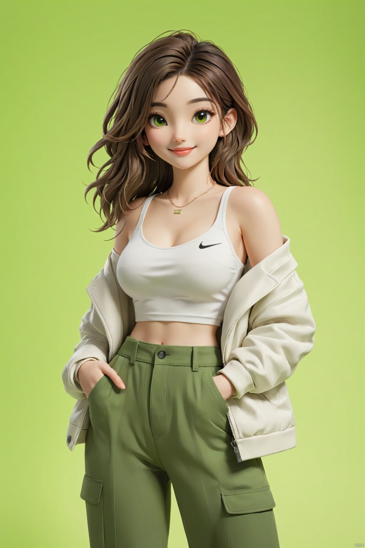  (best quality), ((masterpiece)), (highres), illustration, original, extremely detailed . ooo, 1girl, solo, long hair, breasts, white background, full body, simple background, blonde hair, sneakers, pants, shoes, blue eyes, looking at viewer, navel, white footwear, jewelry, earrings, crop top, off shoulder, midriff, jacket, hands in pockets, bare shoulders, green pants, smile, standing, cleavage, parted lips, open clothes, tank top, medium breasts, collarbone, open jacket, floating hair, nike, white jacket