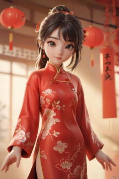  Girl, realistic 3d cartoon style rendering, 18 years old, (whole body :1.5), wearing New Year red Chinese Tang suit, fashionable clothing, New Year background, interactive film style, edge lighting, soft gradient, charming illustration, 3d rendering, OC rendering, best quality, 8K, Super detail, sunlight, realistic, , ,