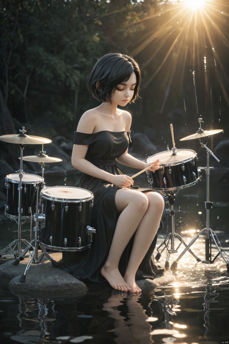  breathtaking girl, solo, short hair, black hair, dress, bare shoulders, sitting, closed eyes, barefoot, water, black dress, drum set, backlight, colors . award-winning, professional, highly detailed