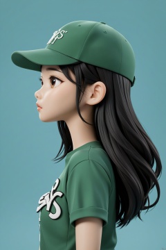  professional 3d model ((Asian girl with the word 'sheeny' on her baseball cap)), (profile), from the Side below, black hair, long hair, green shirt, Blue background, simple background, lineart, partially colored, (chibi), Extreme, . octane render, highly detailed, volumetric, dramatic lighting