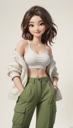  (best quality), ((masterpiece)), (highres), illustration, original, extremely detailed . ooo, 1girl, solo, long hair, breasts, white background, full body, simple background, blonde hair, sneakers, pants, shoes, blue eyes, looking at viewer, navel, white footwear, jewelry, earrings, crop top, off shoulder, midriff, jacket, hands in pockets, bare shoulders, green pants, smile, standing, cleavage, parted lips, open clothes, tank top, medium breasts, collarbone, open jacket, floating hair, nike, white jacket