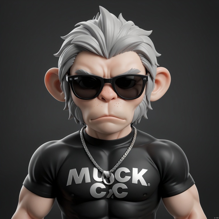  (best quality, 8K, high resolution, masterpiece), ultra detailed, (3D CGI), black sunglasses, trendy, fashionable, silver and black stylized angry muscle monkey on a black background, countryside advertising, winning photo,