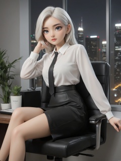  Woman wearing business outfit, formal blazer, white blouse, heels, black high waist business skirt, beautiful, masterpiece, best quality, extremely detailed face, perfect lighting, nice hands, perfect hands, (white hair:1.2), long hair, (grey eyes:1.2), slender build, long legs, thin, medium breasts, business woman, ceo, sitting in luxurious black leather office chair, glass wall with view of nighttime city skyline in background