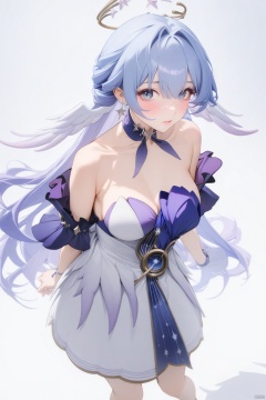  1girl,robinSR,Medium Shot,robinSR, bangs, blue eyes, dress,bow, hair between eyes, bare shoulders, jewelry, medium breasts, blue hair, earrings, wings, strapless, halo, hair intakes, head wings, strapless dress,
white background,
ultra-detailed,best quality,(masterpiece),