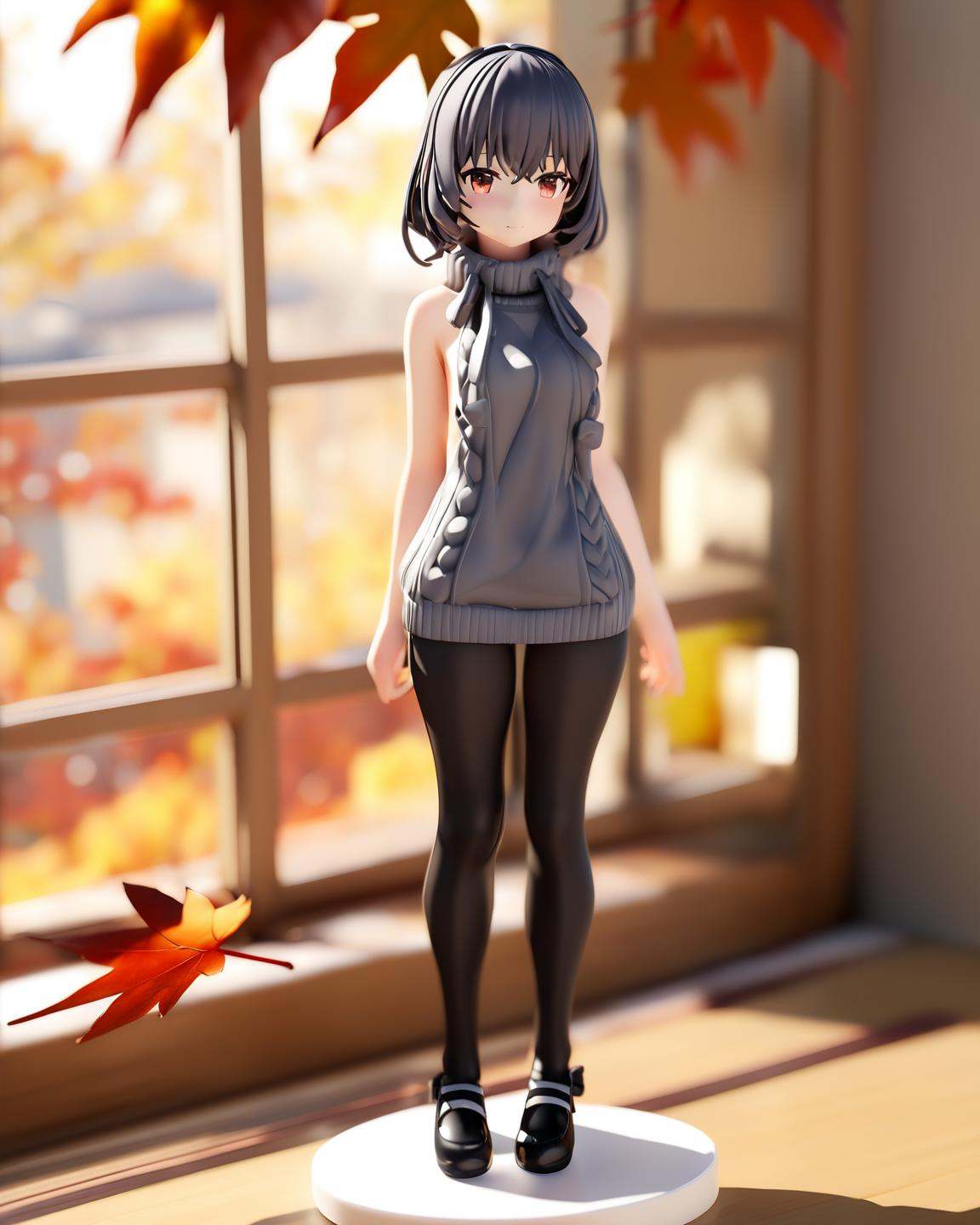 PVC, 3D, 1 girl + solo + looking at the audience + detailed face +(deadpan :1.2)+ Virgin killer sweater + black tights + Mary Jane shoes + fine details + Standing + full body image + Autumn + sunshine, masterpiece, best quality, masterpiece, best quality
