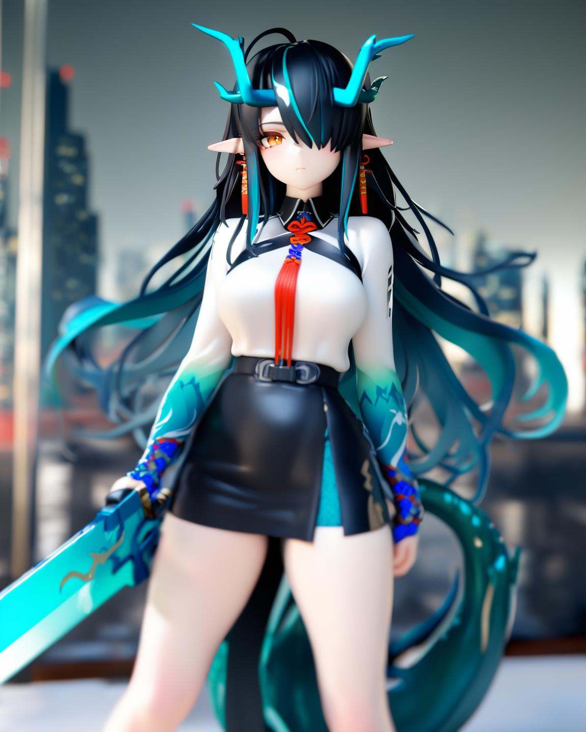 PVC,3D,Best quality,masterpiece,1girl,dusk \(arknights\),solo,horns,black hair,long hair,pointy ears,hair over one eye,holding,tail,skirt,weapon,long sleeves,multicolored hair,feet out of frame,earrings,looking at viewer,dragon horns,white shirt,jewelry,sword,tassel earrings,shirt,holding weapon,closed mouth,ahoge,black skirt+city,, masterpiece, best quality