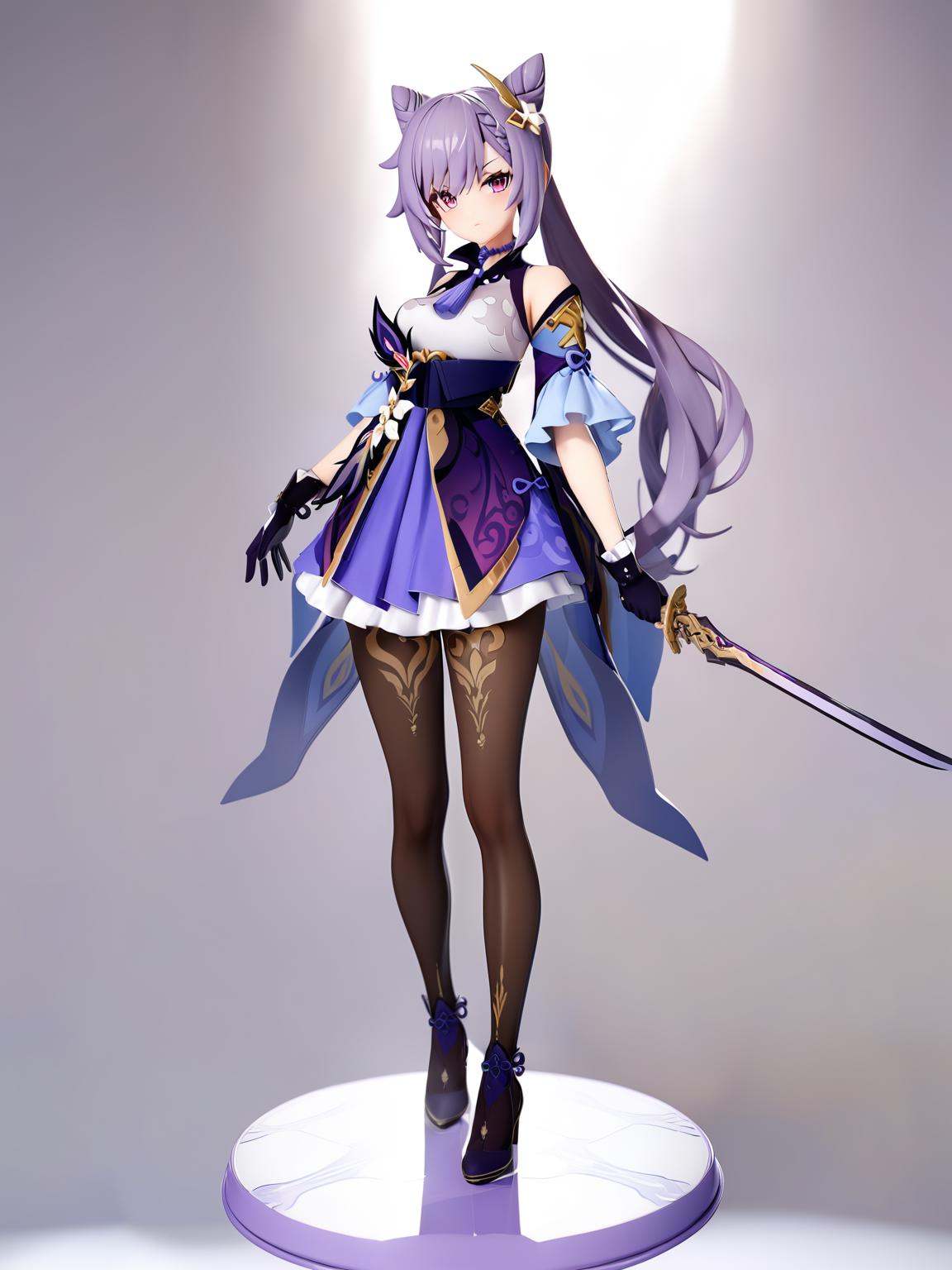 PVC, 3D, Best quality, masterpiece, keqing \(genshin impact\), 1girl, solo, gloves, purple hair, pantyhose, hair bun, sword, long hair, full body, weapon, twintails, purple eyes, holding weapon, holding sword, holding, detached sleeves, cone hair bun, looking at viewer, dress, hair ornament, black pantyhose, breasts, standing, bare shoulders, simple background, masterpiece, best quality