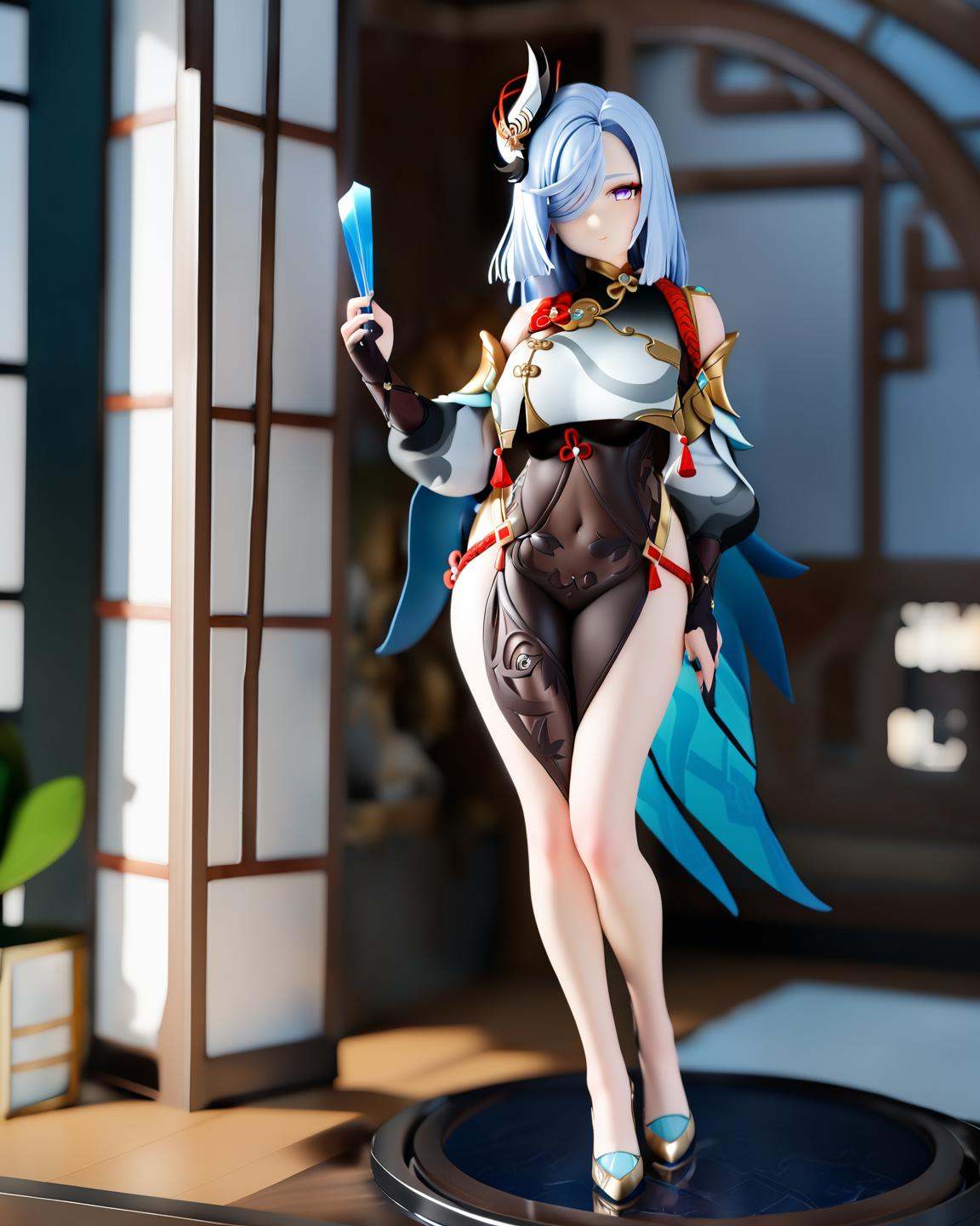 PVC, 3D, Best quality, masterpiece, 1girl, shenhe \(genshin impact\), breasts, solo, long hair, high heels, large breasts, holding, clothing cutout, hair ornament, hair over one eye, full body, looking at viewer, white hair, dress, covered navel, breast curtain, standing, bare shoulders, masterpiece, best quality