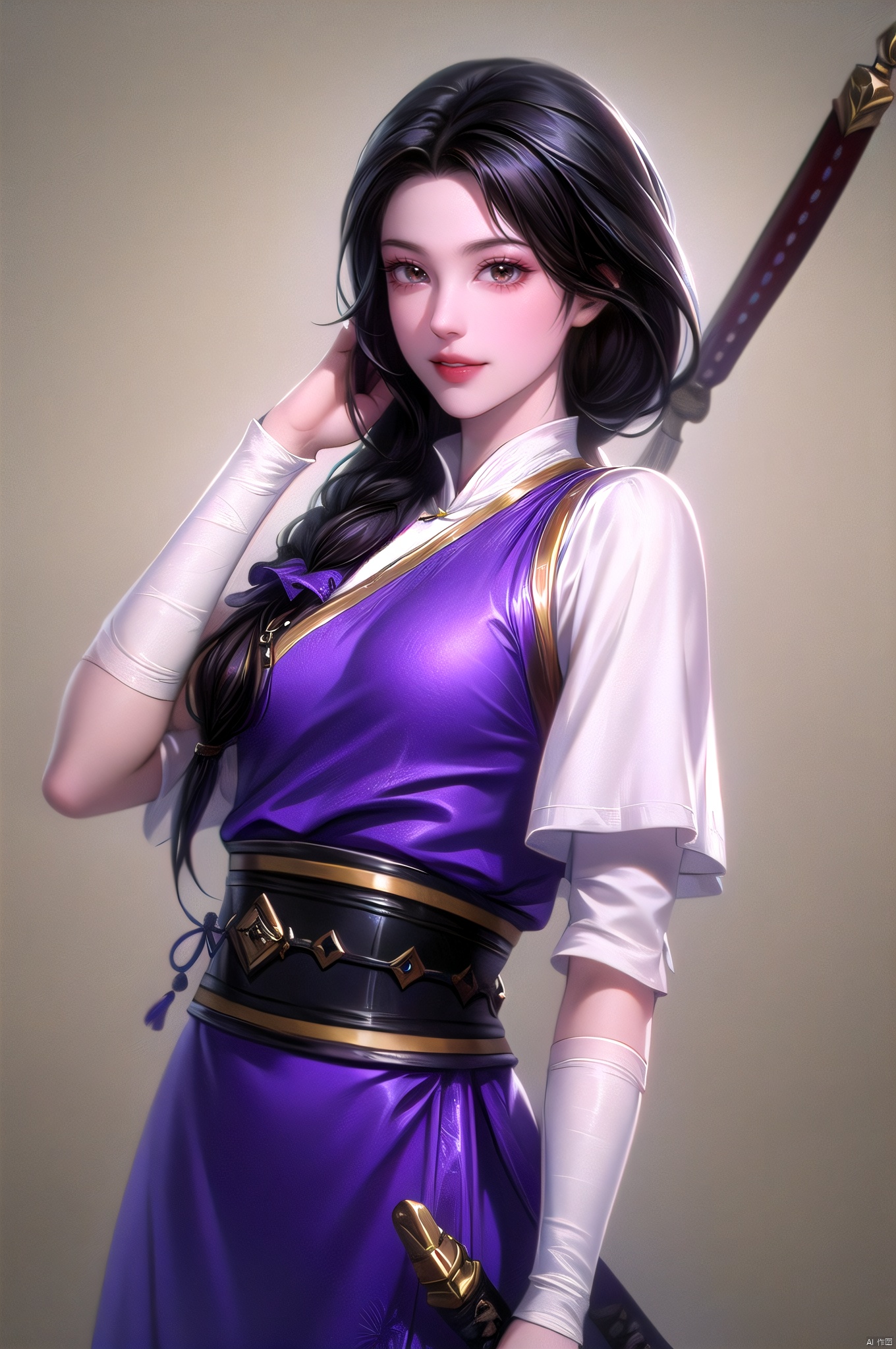 Yueru, 1girl, solo, long hair, weapon, white background, black hair, sword, brown eyes, looking at viewer, simple background, lips, short sleeves, dress, sash, smile, weapon on back